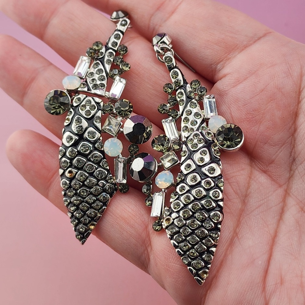 Silver Tone Rhinestone Glass Sword Dangle Earrings Black Enamel Statement Glam